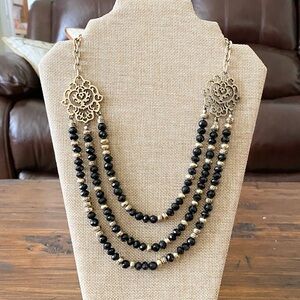 Lucky Brand  Black Gold Tone Necklace Beaded 3 Strand 20" Boho Elegant